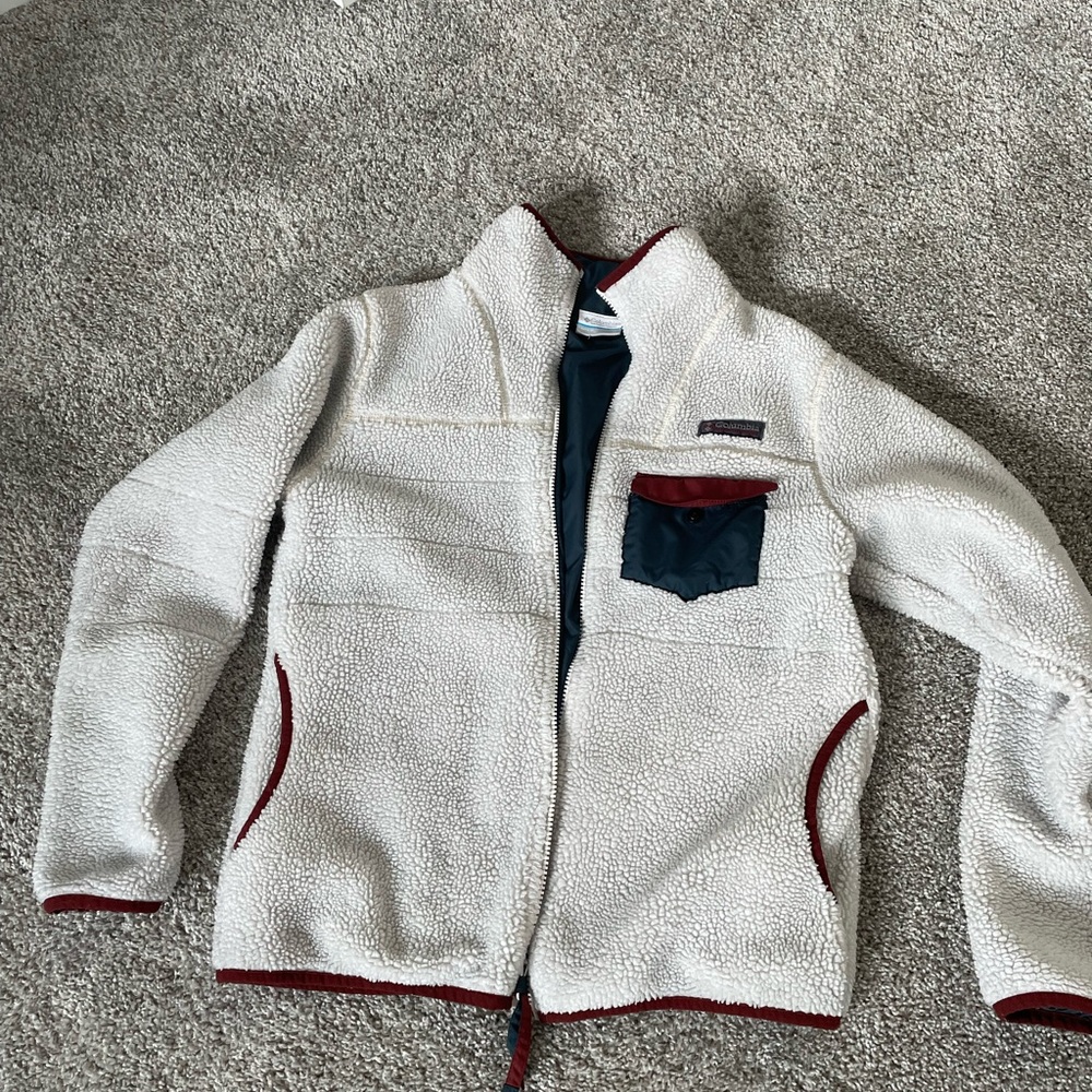 Columbia Sherpa Fleece Jacket - White with Red and Blue Accents - full zip